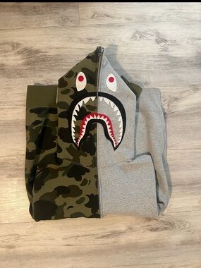 Bape Camo & Gray Shark Face Split Zip Hoodie